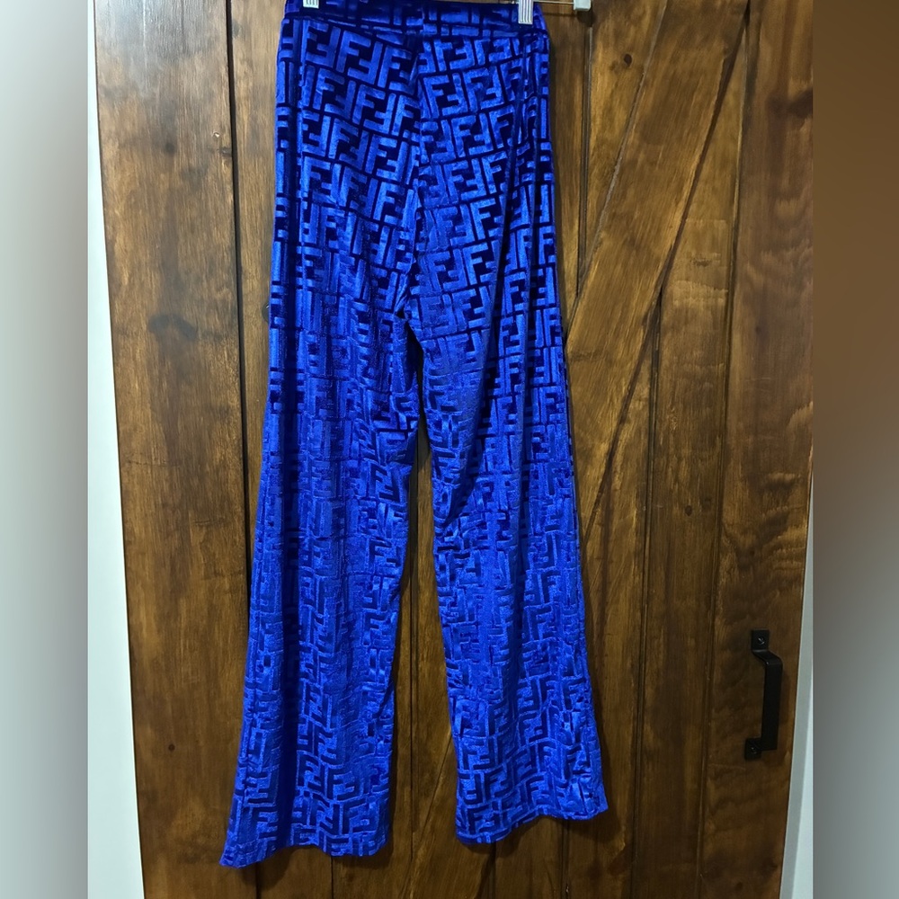 Embossed Velvet Logo Luxury Inspired FF Wide Leg Track Pants Blue S NWOT